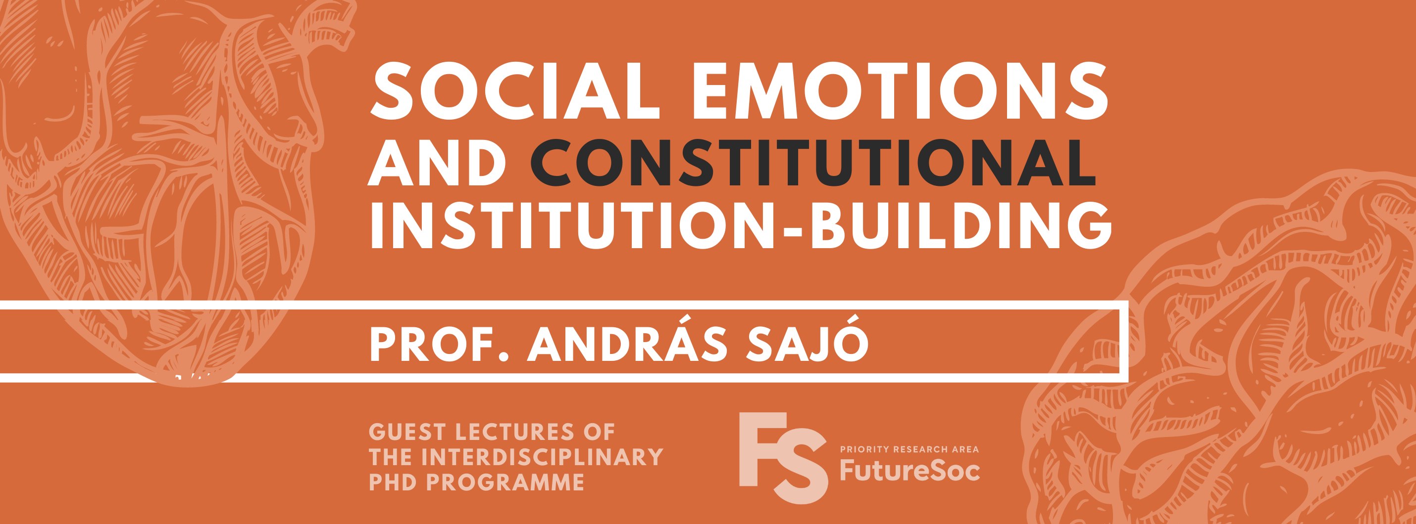 Text: "Social emotions and constitutional institution-building", prof. András Sajó. Guest lectures of the Interdisciplinary PhD Programme. Logo: Priority Research Area FutureSoc. Background: orange with graphics of a heart and a brain.