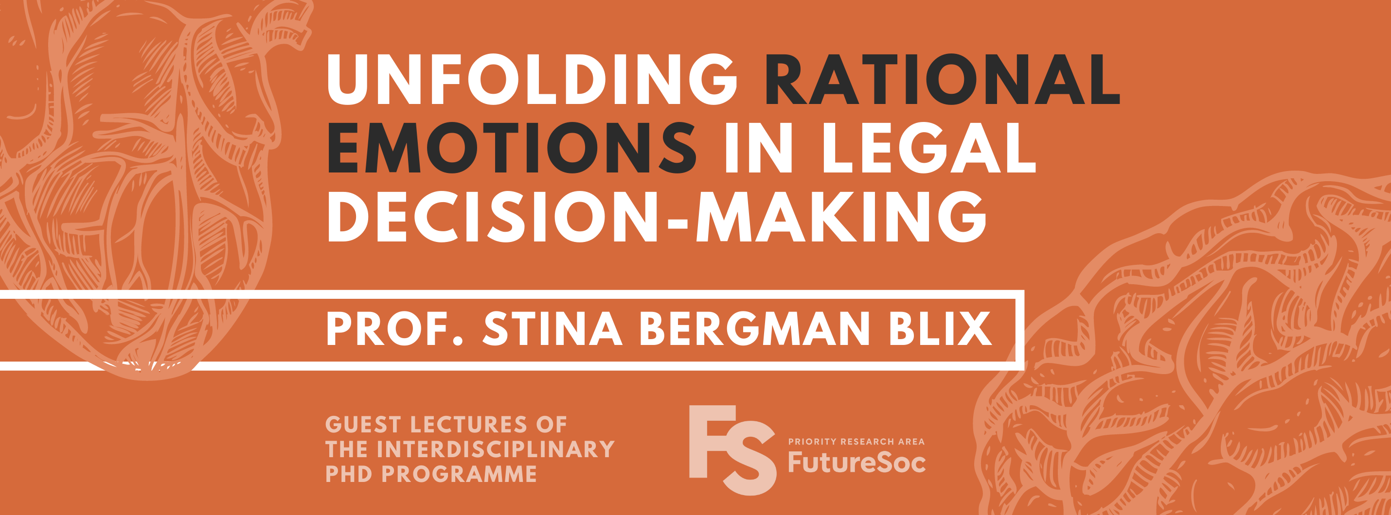 Promotional graphics for the lecture Stina Bergman Blix, "Unfolding Rational Emotions in Legal Decision-Making", with logo of PRA FutureSoc